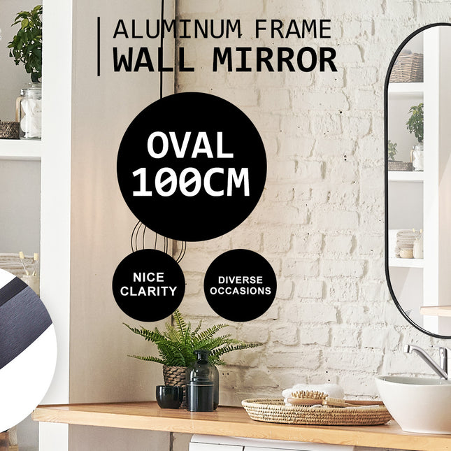 La Bella Black Wall Mirror Oval Aluminum Frame Makeup Decor Bathroom Vanity 45 x 100cm