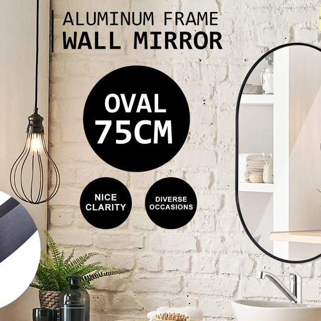 La Bella Black Wall Mirror Oval Aluminum Frame Makeup Decor Bathroom Vanity 50 x 75cm