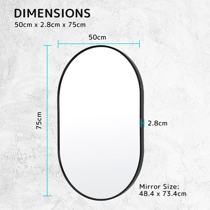 La Bella Black Wall Mirror Oval Aluminum Frame Makeup Decor Bathroom Vanity 50 x 75cm