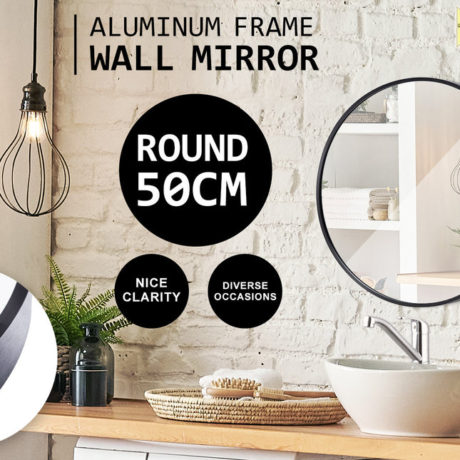 La Bella Black Wall Mirror Round Aluminum Frame Makeup Decor Bathroom Vanity 50cm