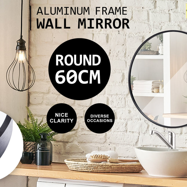 La Bella Black Wall Mirror Round Aluminum Frame Makeup Decor Bathroom Vanity 60cm