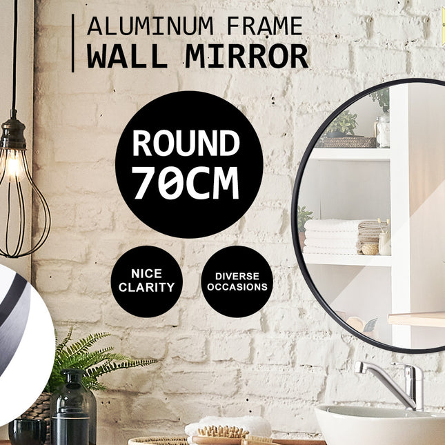 La Bella Black Wall Mirror Round Aluminum Frame Makeup Decor Bathroom Vanity 70cm