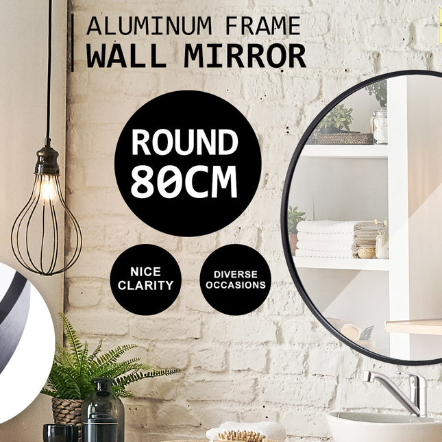 La Bella Black Wall Mirror Round Aluminum Frame Makeup Decor Bathroom Vanity 80cm