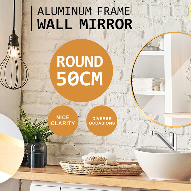 La Bella Gold Wall Mirror Round Aluminum Frame Makeup Decor Bathroom Vanity 50cm