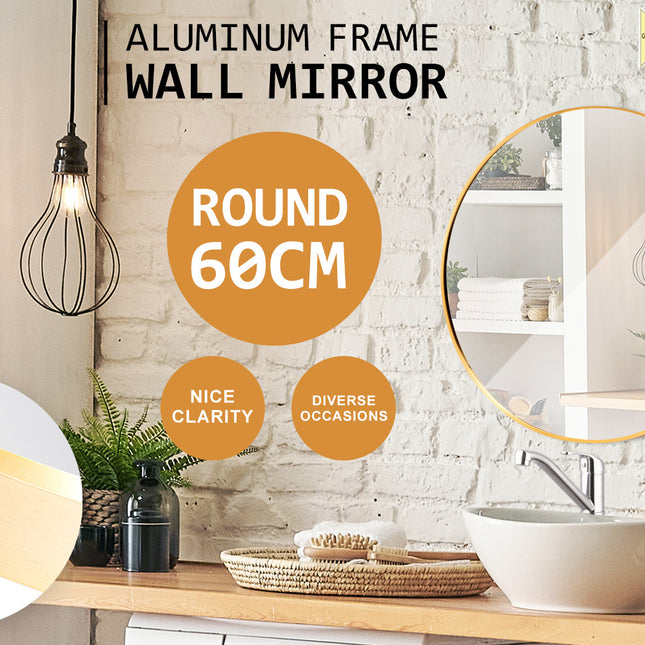 La Bella Gold Wall Mirror Round Aluminum Frame Makeup Decor Bathroom Vanity 60cm