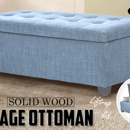 La Bella 102cm Light Grey Blue Storage Ottoman Stool Fabric