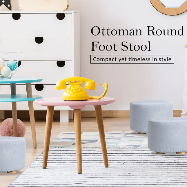 La Bella 2 Set Light Blue Fabric Ottoman Round Wooden Leg Foot Stool