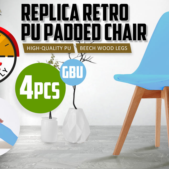 La Bella 4 Set Grey Blue Retro Dining Cafe Chair Padded Seat