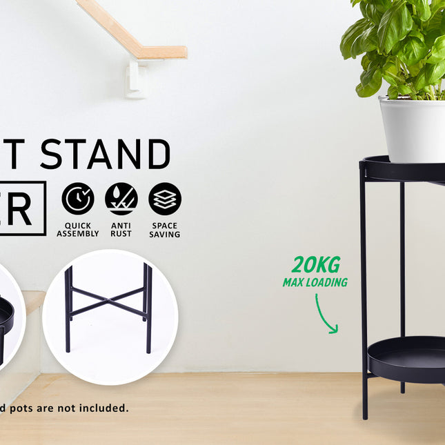 La Bella 50cm Black Plant Stand Planter Shelf Rack 2 Tier Steel