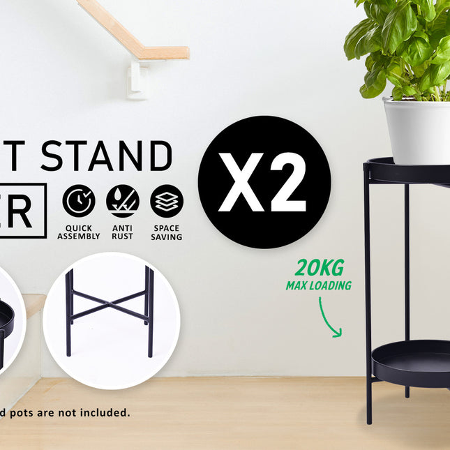 La Bella 2 Set 50cm Black Plant Stand Planter Shelf Rack 2 Tier Steel