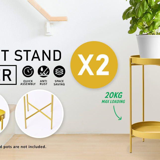 La Bella 2 Set 50cm Gold Plant Stand Planter Shelf Rack 2 Tier Steel