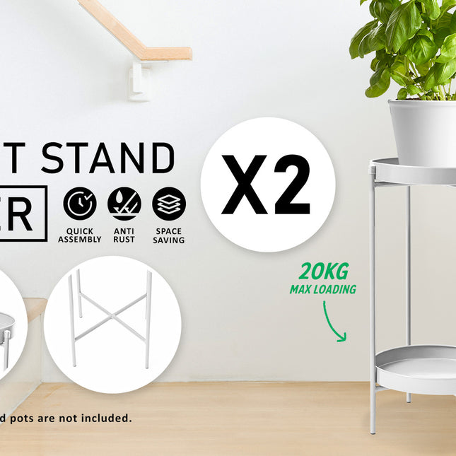 La Bella 2 Set 50cm White Plant Stand Planter Shelf Rack 2 Tier Steel