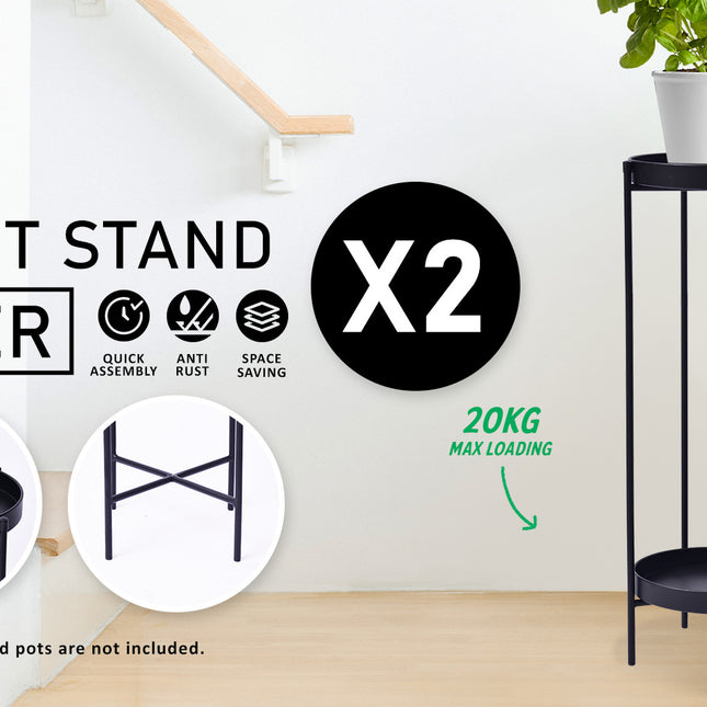 La Bella 2 Set 80cm Black Plant Stand Planter Shelf Rack 2 Tier Steel