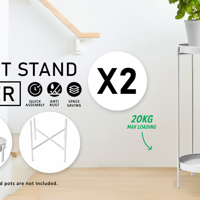 La Bella 2 Set 80cm White Plant Stand Planter Shelf Rack 2 Tier Steel