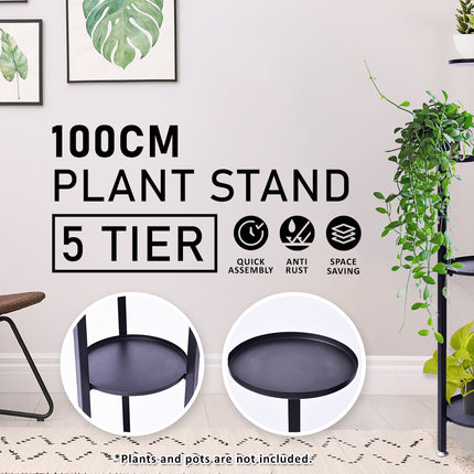 La Bella 100cm Black Plant Stand Planter Shelf Rack 5 Tier Steel