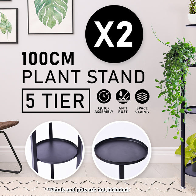 La Bella 2 Set 100cm Black Plant Stand Planter Shelf Rack 5 Tier Steel
