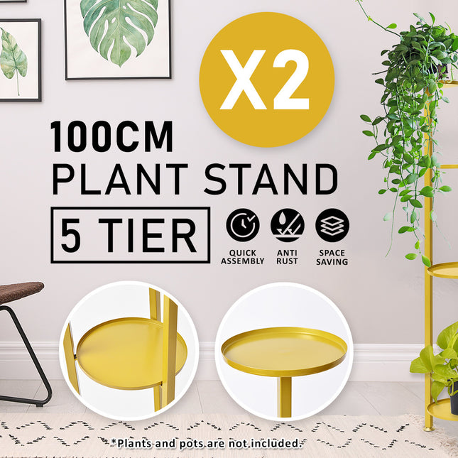 La Bella 2 Set 100cm Gold Plant Stand Planter Shelf Rack 5 Tier Steel