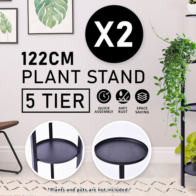 La Bella 2 Set 122cm Black Plant Stand Planter Shelf Rack 5 Tier Steel