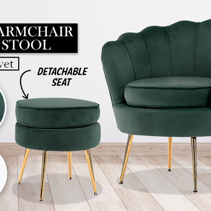 La Bella Shell Scallop Green Armchair Accent Chair Velvet + Round Ottoman Footstool