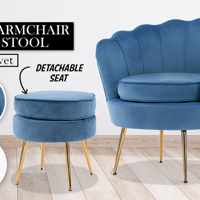 La Bella Shell Scallop Navy Blue Armchair Accent Chair Velvet + Round Ottoman Footstool