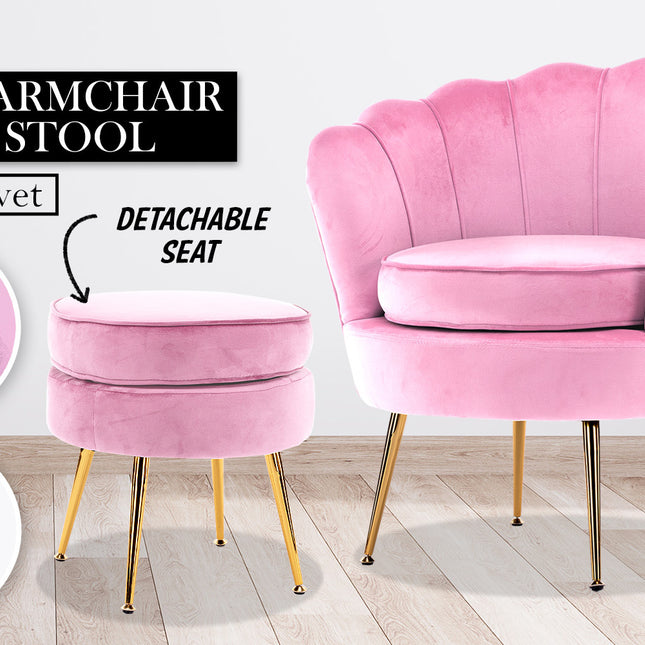 La Bella Shell Scallop Pink Armchair Accent Chair Velvet + Round Ottoman Footstool