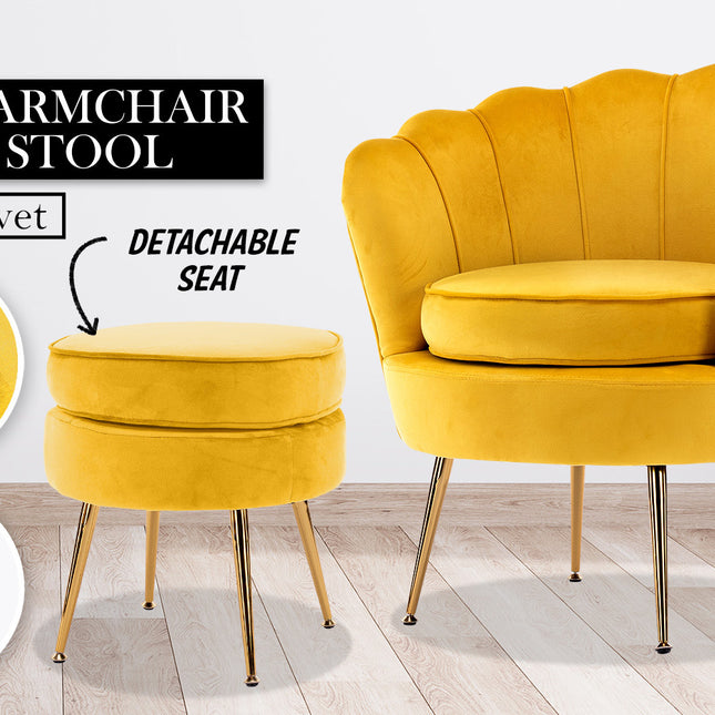 La Bella Shell Scallop Yellow Armchair Accent Chair Velvet + Round Ottoman Footstool