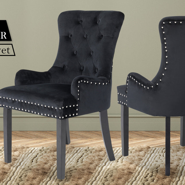 La Bella Black French Provincial Dining Chair Ring Studded Lisse Velvet Rubberwood