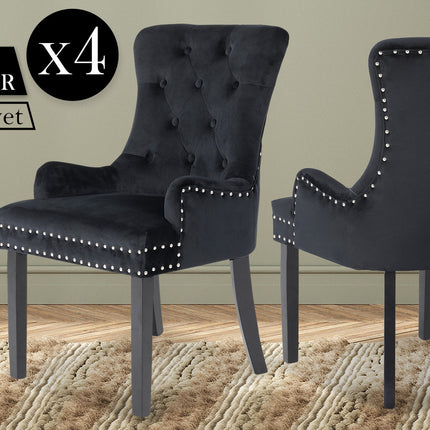 La Bella 4 Set Black French Provincial Dining Chair Ring Studded Lisse Velvet Rubberwood