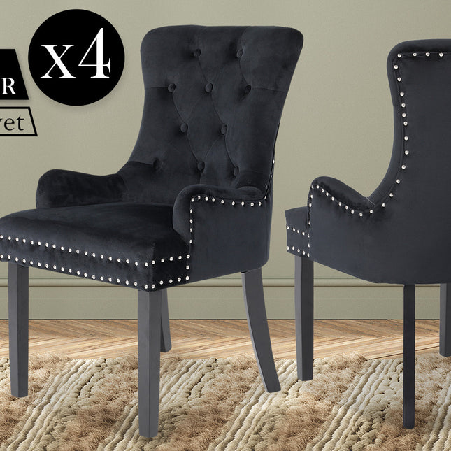 La Bella 4 Set Black French Provincial Dining Chair Ring Studded Lisse Velvet Rubberwood