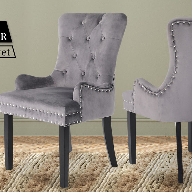 La Bella Grey French Provincial Dining Chair Ring Studded Lisse Velvet Rubberwood