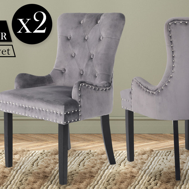 La Bella 2 Set Grey French Provincial Dining Chair Ring Studded Lisse Velvet Rubberwood