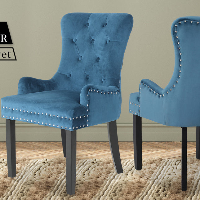 La Bella Navy Blue French Provincial Dining Chair Ring Studded Lisse Velvet Rubberwood