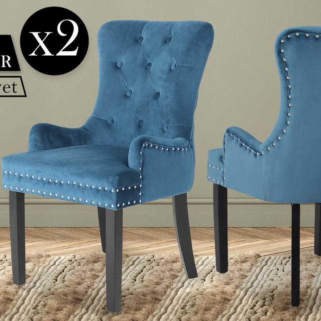 La Bella 2 Set Navy Blue French Provincial Dining Chair Ring Studded Lisse Velvet Rubberwood