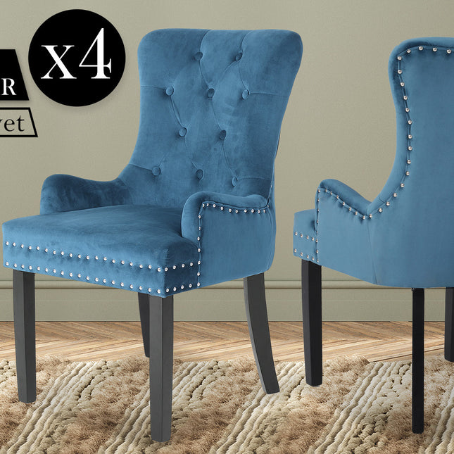 La Bella 4 Set Navy Blue French Provincial Dining Chair Ring Studded Lisse Velvet Rubberwood