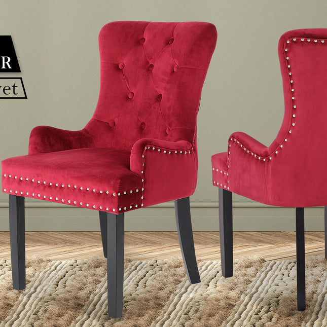 La Bella Bordeaux Red French Provincial Dining Chair Ring Studded Lisse Velvet Rubberwood