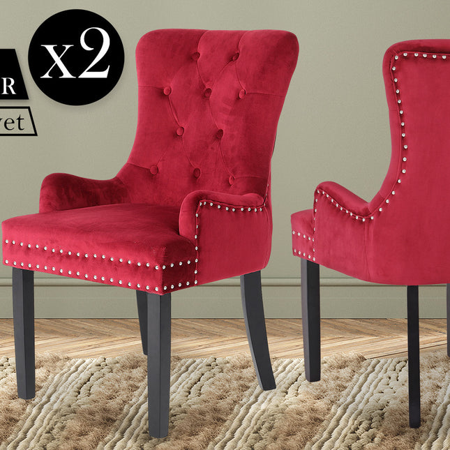 La Bella 2 Set Bordeaux Red French Provincial Dining Chair Ring Studded Lisse Velvet Rubberwood