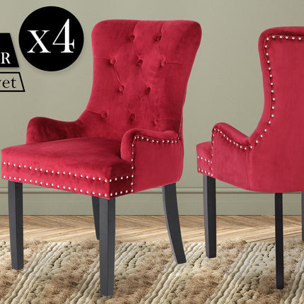 La Bella 4 Set Bordeaux Red French Provincial Dining Chair Ring Studded Lisse Velvet Rubberwood
