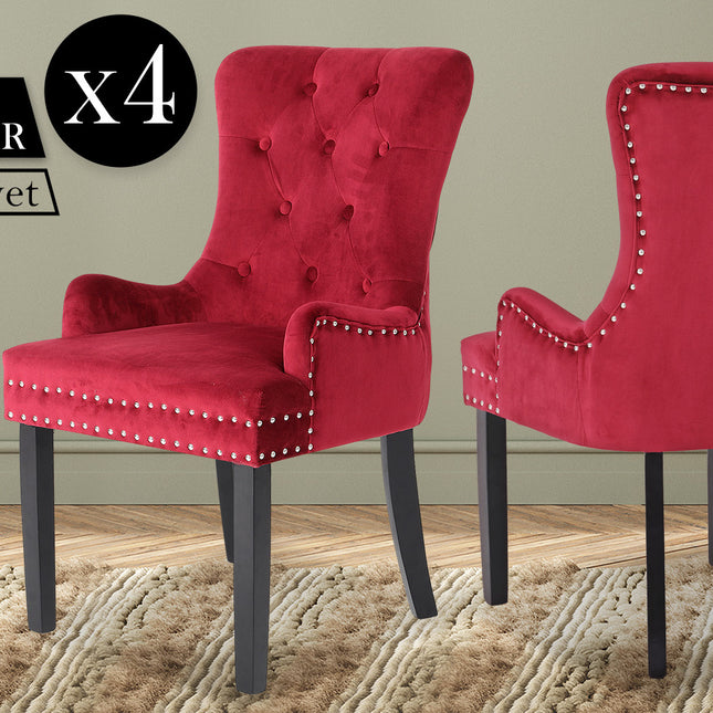 La Bella 4 Set Bordeaux Red French Provincial Dining Chair Ring Studded Lisse Velvet Rubberwood