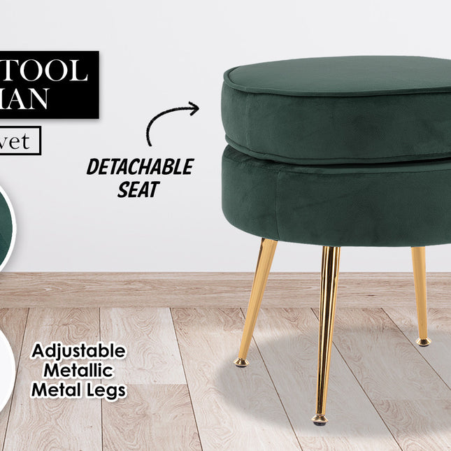 La Bella Green Round Ottoman Foot Stool Velvet Fabric Metal Leg