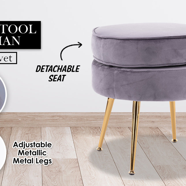 La Bella Grey Round Ottoman Foot Stool Velvet Fabric Metal Leg