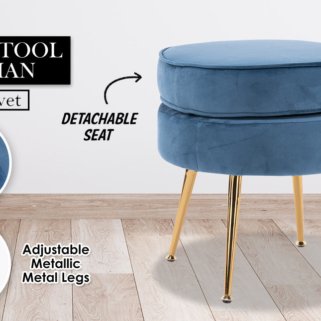 La Bella Navy Blue Round Ottoman Foot Stool Velvet Fabric Metal Leg