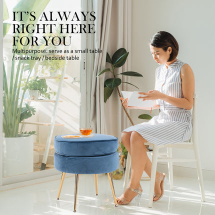 La Bella Navy Blue Round Ottoman Foot Stool Velvet Fabric Metal Leg