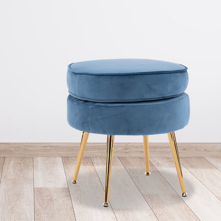 La Bella Navy Blue Round Ottoman Foot Stool Velvet Fabric Metal Leg