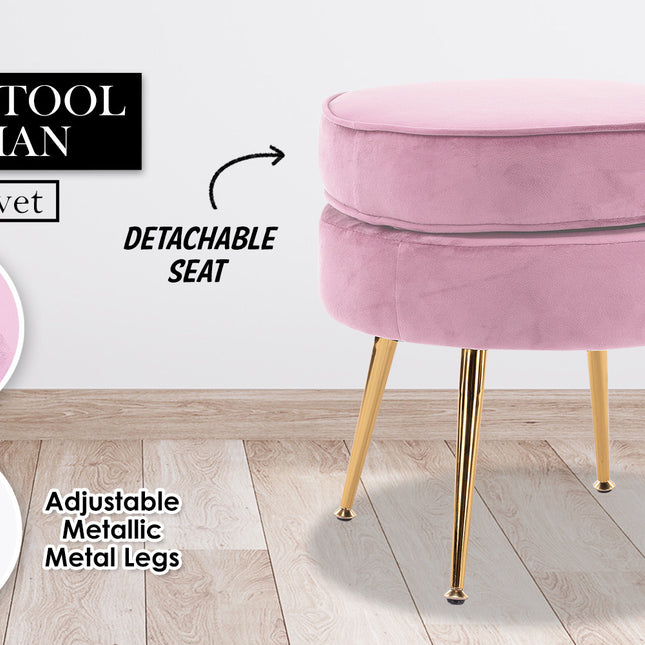 La Bella Pink Round Ottoman Foot Stool Velvet Fabric Metal Leg