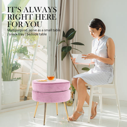 La Bella Pink Round Ottoman Foot Stool Velvet Fabric Metal Leg