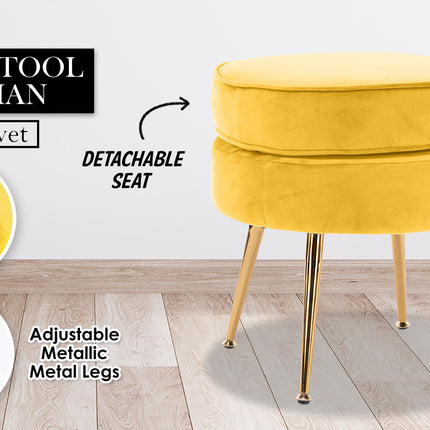 La Bella Yellow Round Ottoman Foot Stool Velvet Fabric Metal Leg