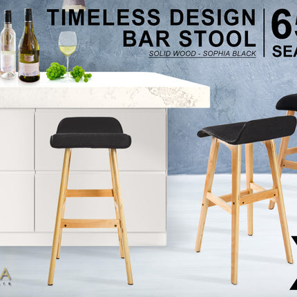 La Bella 2 Set 65cm Black Wooden Bar Stool Sophia Fabric