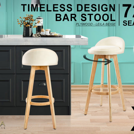 La Bella 2 Set 72cm Beige Wooden Bar Stool Leila Fabric