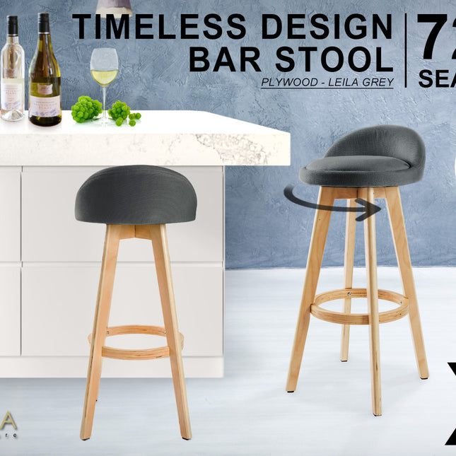 La Bella 2 Set 72cm Grey Wooden Bar Stool Leila Fabric