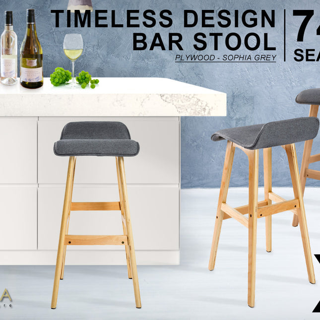 La Bella 2 Set 74cm Grey Wooden Bar Stool Sophia Fabric